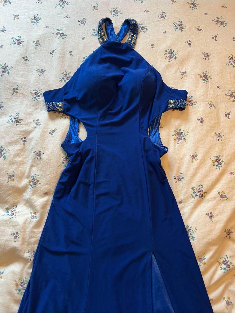 Faviana Royal Blue Cutout Vintage Prom Gown with Beaded Straps